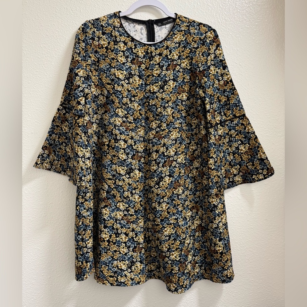 Zara Basic Mini Dress Floral Bell Sleeve Shift Cottage Core Back Zip Women's Med